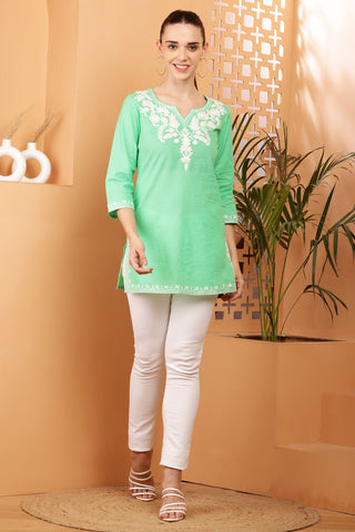 Lime Green Rayon Embroidered Short Kurta