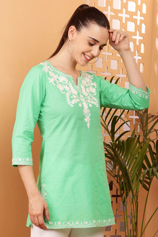 Lime Green Rayon Embroidered Short Kurta