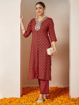 Maroon Chanderi Silk Bandhani Style Kurta Pant Set