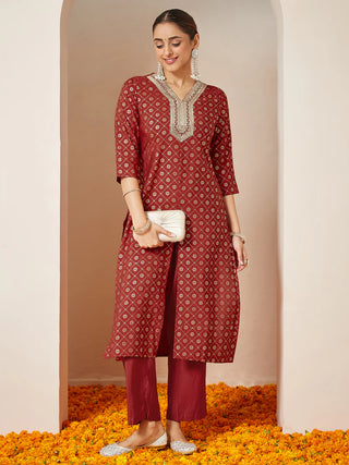 Maroon Chanderi Silk Bandhani Style Kurta Pant Set