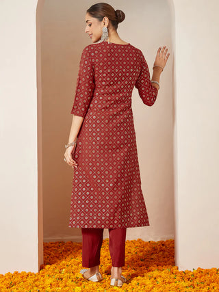 Maroon Chanderi Silk Bandhani Style Kurta Pant Set