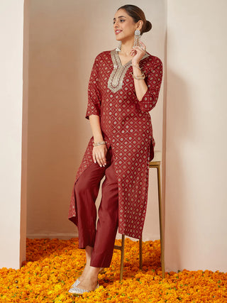 Maroon Chanderi Silk Bandhani Style Kurta Pant Set
