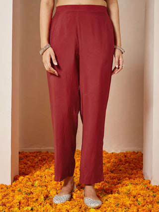 Maroon Chanderi Silk Bandhani Style Kurta Pant Set