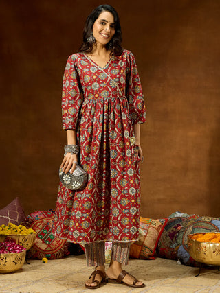 Maroon Cotton A Line Floral Print Kurta Bottom Set