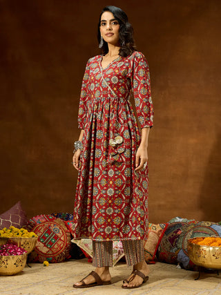 Maroon Cotton A Line Floral Print Kurta Bottom Set