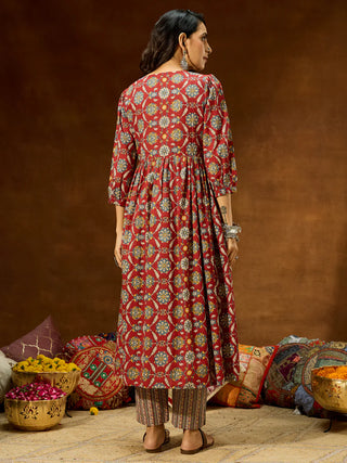 Maroon Cotton A Line Floral Print Kurta Bottom Set