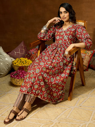 Maroon Cotton A Line Floral Print Kurta Bottom Set