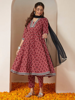 Maroon Cotton Ikkat Print Anarkali Shape Suit Set with Black Chiffon Dupatta