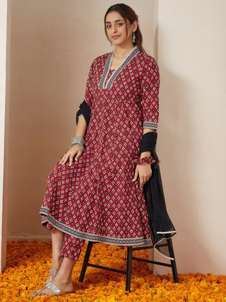 Maroon Cotton Ikkat Print Anarkali Shape Suit Set with Black Chiffon Dupatta