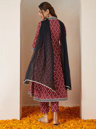 Maroon Cotton Ikkat Print Anarkali Shape Suit Set with Black Chiffon Dupatta