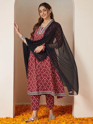 Maroon Cotton Ikkat Print Anarkali Shape Suit Set with Black Chiffon Dupatta