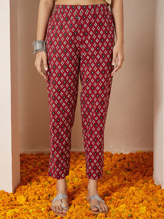 Maroon Cotton Ikkat Print Anarkali Shape Suit Set with Black Chiffon Dupatta