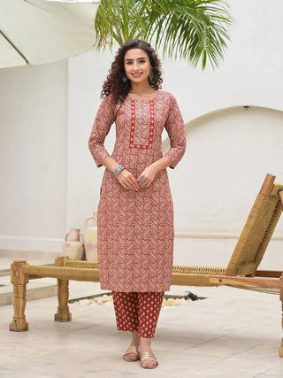 Maroon Cotton Ethnic Motif Print & Embroidered Straight Shape Suit Set with Dupatta