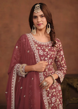 Faux Georgette Taupe Mauve Embroidered Suit Set