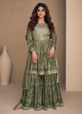 Moss Green Chinnon Silk Embroidered Digital Print Suit Set