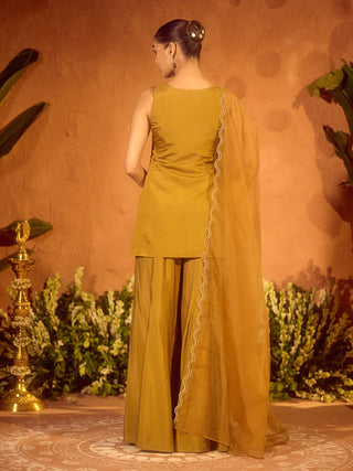 Mustard Viscose Chanderi Embroidered Ethnic Straight Kurta Set with Dupatta