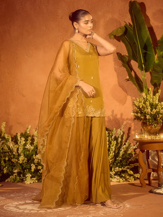Mustard Viscose Chanderi Embroidered Ethnic Straight Kurta Set with Dupatta