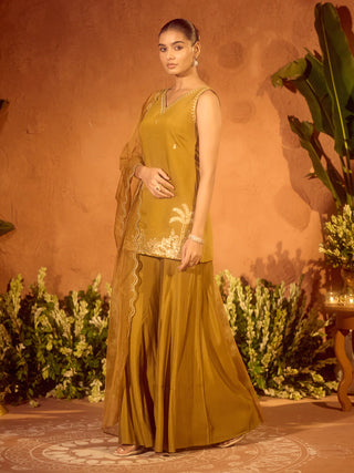 Mustard Viscose Chanderi Embroidered Ethnic Straight Kurta Set with Dupatta