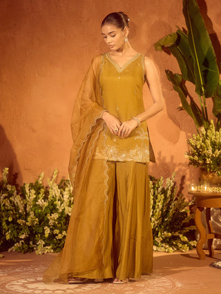 Mustard Viscose Chanderi Embroidered Ethnic Straight Kurta Set with Dupatta