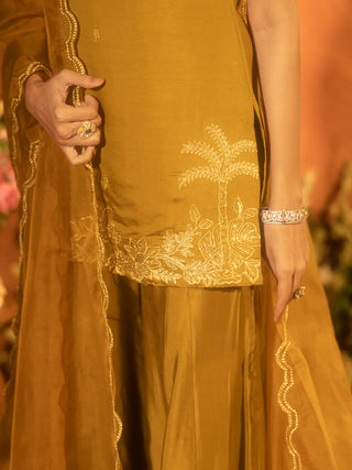 Mustard Viscose Chanderi Embroidered Ethnic Straight Kurta Set with Dupatta