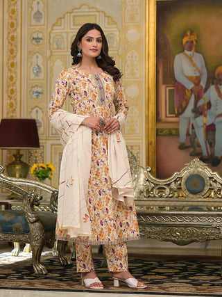 Mustard Cotton Gota Patti Detailing & Floral Print Anarkali Suit Set with Dupatta