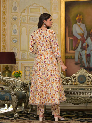 Mustard Cotton Gota Patti Detailing & Floral Print Anarkali Suit Set with Dupatta