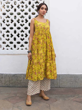 Mustard Cotton Gathered Style Kurta Bottom Set