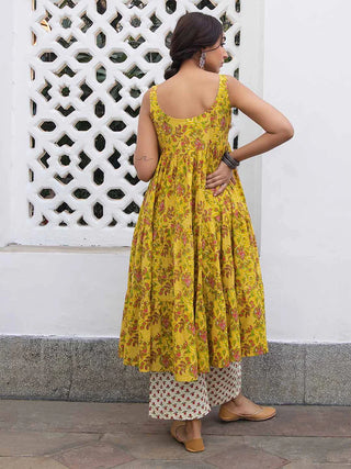 Mustard Cotton Gathered Style Kurta Bottom Set