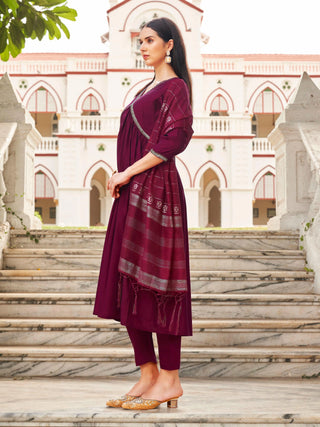 Magenta Silk Blend Stonework A Line Alia Cut Suit Set with Art Silk Printed Dupatta