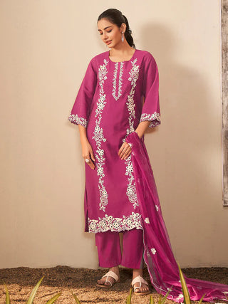 Magenta Silk Blend Schiffli Embroidered Suit Set with Organza Dupatta