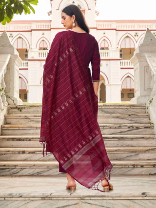 Magenta Silk Blend Stonework A Line Alia Cut Suit Set with Art Silk Printed Dupatta