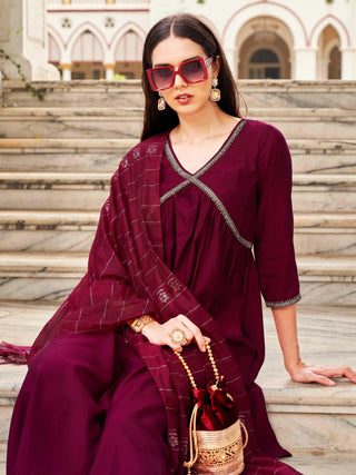 Magenta Silk Blend Stonework A Line Alia Cut Suit Set with Art Silk Printed Dupatta