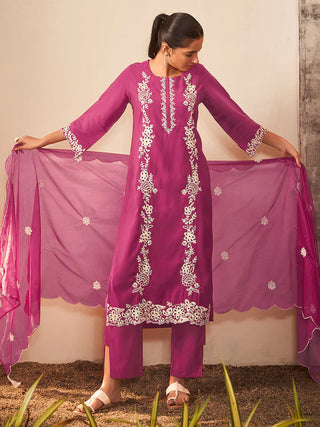 Magenta Silk Blend Schiffli Embroidered Suit Set with Organza Dupatta