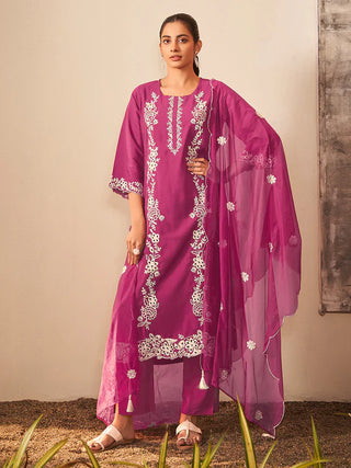 Magenta Silk Blend Schiffli Embroidered Suit Set with Organza Dupatta