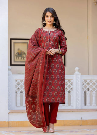 Maroon Cotton Ajrakh Print Suit Set with Dupatta