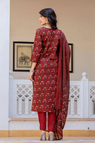 Maroon Cotton Ajrakh Print Suit Set with Dupatta