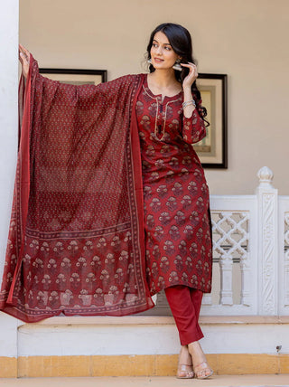 Maroon Cotton Ajrakh Print Suit Set with Dupatta