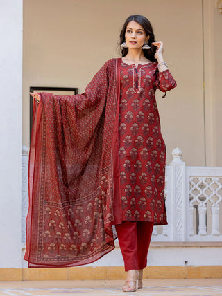 Maroon Cotton Ajrakh Print Suit Set with Dupatta