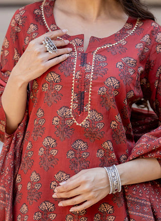 Maroon Cotton Ajrakh Print Suit Set with Dupatta