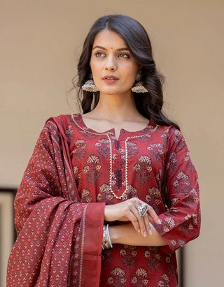 Maroon Cotton Ajrakh Print Suit Set with Dupatta