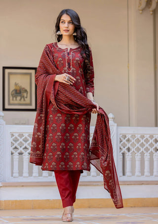 Maroon Cotton Ajrakh Print Suit Set with Dupatta