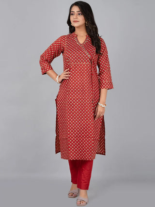 Maroon Cotton Block Print & Thread Detailing Kurta Pant Set