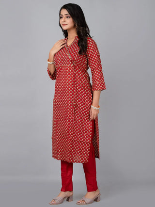 Maroon Cotton Block Print & Thread Detailing Kurta Pant Set