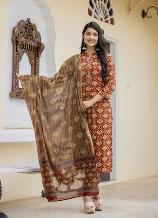 Maroon Cotton Floral Print & Thread Work Detailing Suit Set with Dupatta