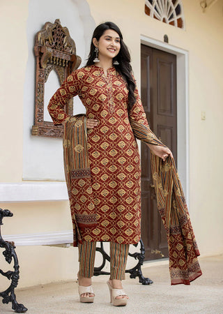 Maroon Cotton Floral Print & Thread Work Detailing Suit Set with Dupatta