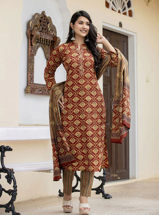 Maroon Cotton Floral Print & Thread Work Detailing Suit Set with Dupatta