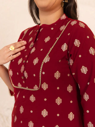 Brick Red Crepe Foil Print Kurta