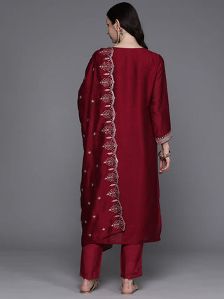 Maroon Silk Blend Embroidered Suit Set with Dupatta