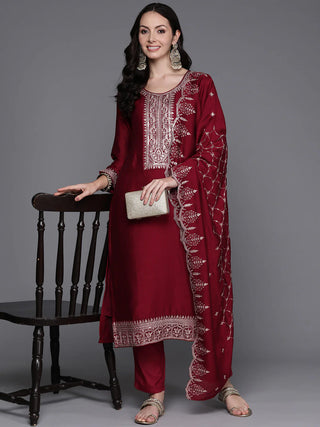 Maroon Silk Blend Embroidered Suit Set with Dupatta