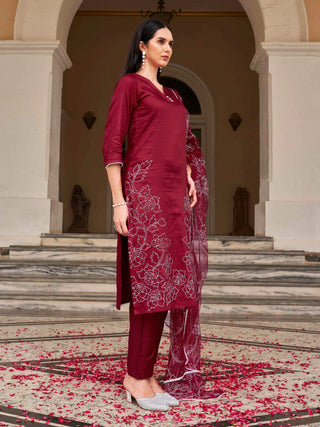 Maroon Cotton Blend White Embroidered Straight Shape Suit Set with Net Dupatta